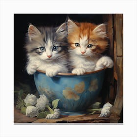 Two Kittens In A Blue Bowl Canvas Print