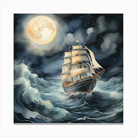 Ship In The Sea At Night Canvas Print