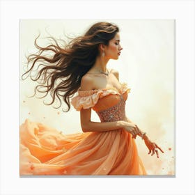 Spanish Woman With Flowing Hair, Elegant Dress, In Watercolor Dreamscape 1 Canvas Print