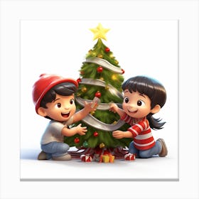 Children Decorating A Christmas Tree Canvas Print