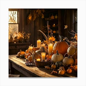 Autumn Harvest Table Laden With An Assortment Of Pumpkins Gourds And Dried Cornhusks Surrounded B (7) Canvas Print