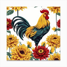 Rooster With Chrysanthemums, Yellow, Blue and Red Canvas Print