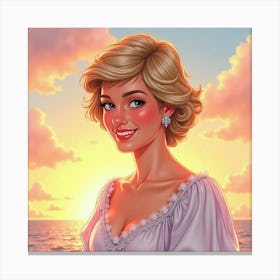 Soft Smiling Princess Diana With Watercolor Sunset And Floating Bright Clouds Canvas Print