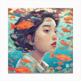 Girl Surrounded By Fish 1 Canvas Print