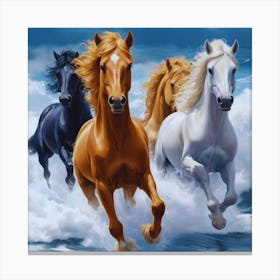 Black, White, Brown Horses Running In The Ocean Canvas Print