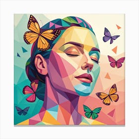 Vibrant Geometric Woman Portrait with Butterflies Canvas Print