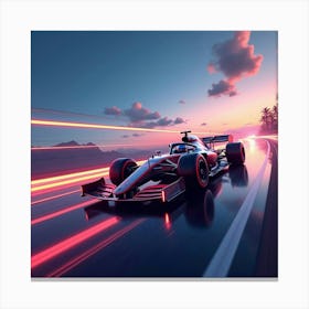 Formula Car Speeding Down A Futuristic Road With Neon Stripes In The Sky 1 Canvas Print