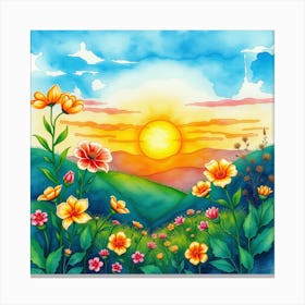 Watercolor Of Flowers In The Countryside Canvas Print