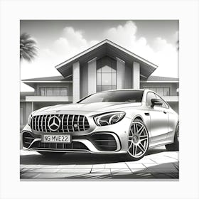 A Pencil Drawing Of A Mercedes Benz AMG In Front Of A Beautiful Modern Mansion 2 Canvas Print