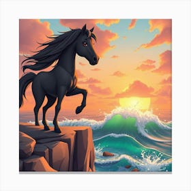 Black Horse On The Cliff 2 Canvas Print