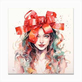 Watercolor Of A Girl With Red Bow Canvas Print