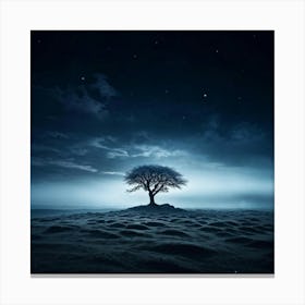 Single Tree Standing Solitary On A Vast Plateau Surrounded By A Dark Meadow Under A Night Sky Spark Canvas Print