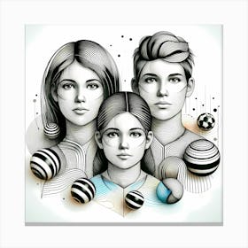 Sisters and Brother - Abstract Line Art Illustration 155 Canvas Print