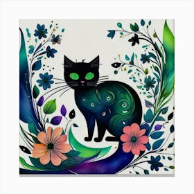 Black Cat With Flowers 3 Canvas Print