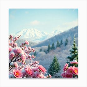 Snowy Mountains With Pink Flowers Canvas Print