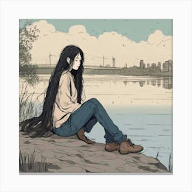 Girl Sitting By The River Canvas Print