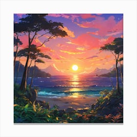 Tranquil Sunset Over Tropical Beach With Lush Vegetation and Calm Ocean Waves 1 Canvas Print