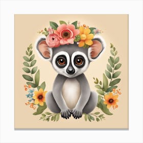 Floral Baby Lemur Nursery Illustration (24) Canvas Print