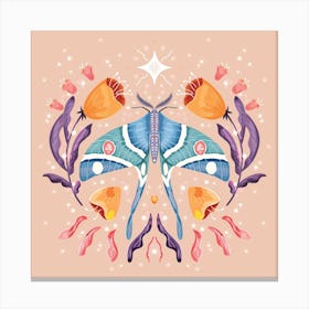 Night Blue Moth On Floral Background And Decoration Square Canvas Print