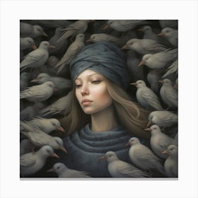 Girl Surrounded By Birds 3 Canvas Print
