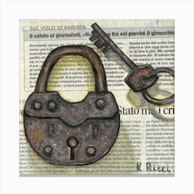 Lock With Key On Newspaper Houseware Objects For Minimal Rustic Wall Decor Canvas Print