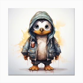 Watercolour Cartoon Penguin In A Hoodie 3 Canvas Print