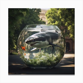 A great white shark in an enormous goldfish bowl in a park in photo realistic style Canvas Print