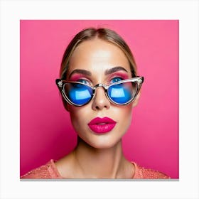 Firefly Blue Eyes, Fashion, Pink Glasses, Pink Lips, Pink Background, Glass Lens, Stylish, Vibrant, (11) Canvas Print