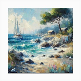 Sailboats On The Beach, Acrylic Painting Style 2 Canvas Print