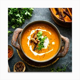 Autumn Pumpkin Curry Soup Simmering In A Traditional Clay Pot Steam Rising Surrounded By An Assort (7) Canvas Print