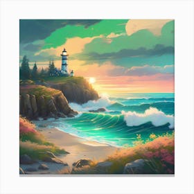 Lighthouse At Sunset Landscape 16 Canvas Print