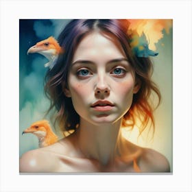 Girl With Birds On Her Head Canvas Print