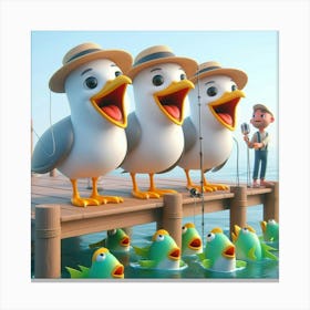 Three Seagulls On A Dock Canvas Print