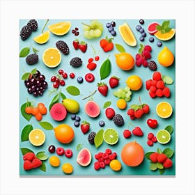 Fresh Fruits On Blue Background Canvas Print