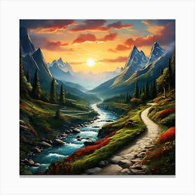 Path Through The Mountains, A Winding Path Through Various Landscapes Mountains Forests Rivers Indicating The Thrill 1 Canvas Print