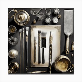 Firefly A Masculine Vintage Italian Inspired Flatlay Of A Creative Workspace For Oil Painting, Styli Canvas Print