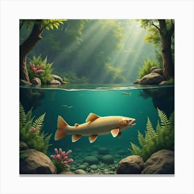 Trout Swimming Near Blooming Ferns 1 Canvas Print