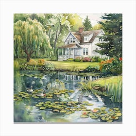 The Water Lily Pond at the Old Farmhouse Watercolor Painting | Americana Nostalgic Idyllic Scenery | Willow Tree and Geese | Home Sweet Home Canvas Print