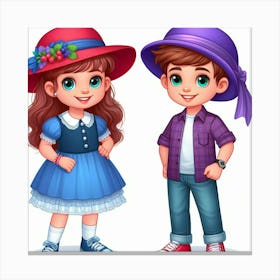 Girl And Boy In Hats Canvas Print