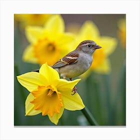 Sparrow Perched On Daffodil 1 Canvas Print