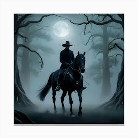 A Solitary Horseman Rides A Majestic Black Stallion Through A Misty, Moonlit Forrest 2 Canvas Print