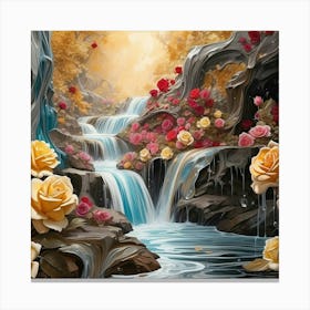 Waterfall With Roses 4 Canvas Print