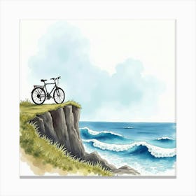 Elegant Bike On A Coastal Cliff With Crashing Waves Watercolor 1 Canvas Print