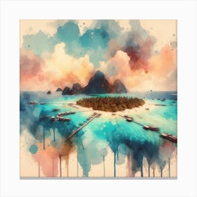 Atoll Serenity, A watercolor painting capturing the vibrant blues and greens of the atoll, with gentle waves lapping against its shores. This artwork would be well-suited for a living room or a spacious hallway where it can be a focal point, bringing in an element of nature and tranquility into your home. 2 Canvas Print