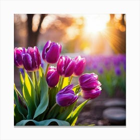 Bouquet Of Vibrant Purple Tulips Rising Toward A Majestic Sun In A Lush Spring Park Three Graceful (3) Canvas Print