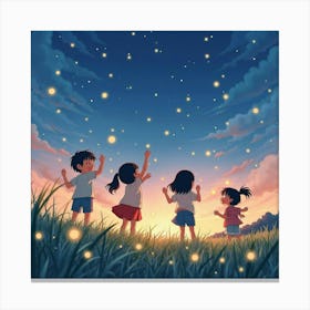 Japanese Children Chasing Fireflies In A Twilight Field, Their Laughter Filling The Air, Watercolor Canvas Print