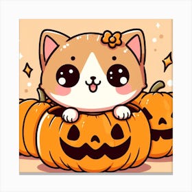 Cute Halloween Cat in a Pumpkin Kawaii Cartoon Anime Styled Canvas Print