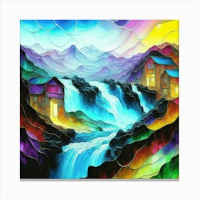 Abstract art stained glass art of a mountain village in watercolor 10 Canvas Print