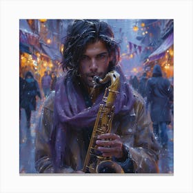 Saxophone Player In The Rain Canvas Print