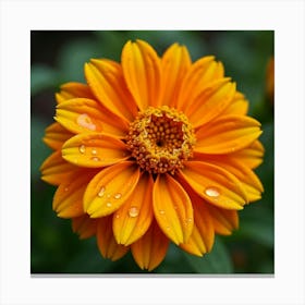 A Close Up Of A Bright Orange And Yellow Marigold With Dew Drops Canvas Print